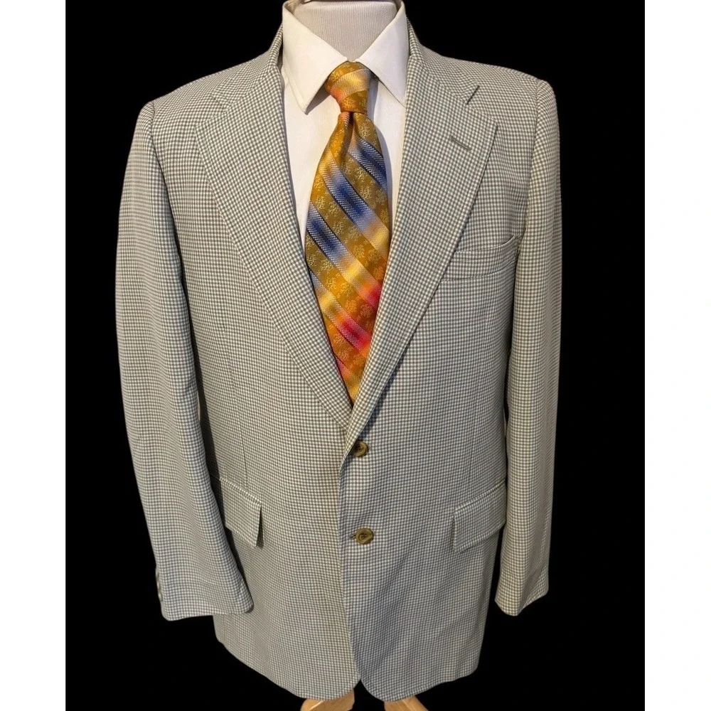 George Barry Green Brown Gingham Plaid USA Made Blazer Jacket Lightweight Sz 44L